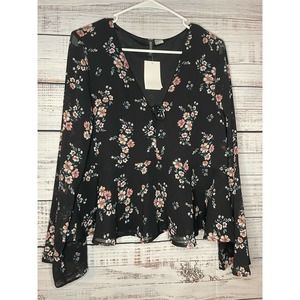 H&M Black Floral Blouse Vneck Tie Front Flowy size 12 NWT